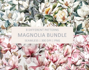 May include: A collection of eight seamless magnolia patterns in watercolor style. The designs feature white and pink magnolia flowers with green leaves. The text "MAGNOLIA BUNDLE" is displayed on a light beige background.