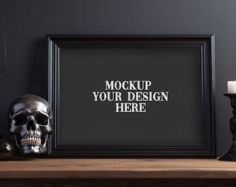 Gothic horizontal frame mockup, frame mockup with skull and candle, halloween frame mockup, landscape frame mockup, wall art mockup