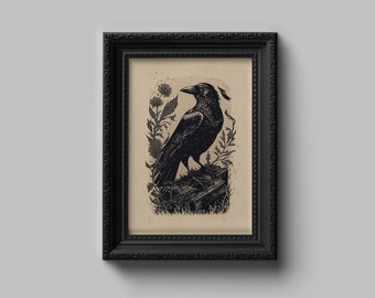 Dark academia raven illustration poster, gothic raven wall art, gothic print, dark academia art, gothic home decor, wall art, home decor