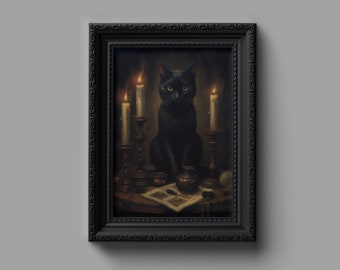 Black cat painting, dark academia print, digital download, dark cottagecore, black cat print, wall art, halloween print, cat lover print