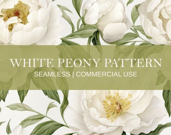 White Peony Seamless Pattern, Commercial Use, Peonies Pattern, Digital Paper, Scrapbook Paper, Floral Pattern, Fabric Pattern, Decoupage