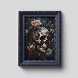 Schädel Wandbild, Schädel mit Blumen, Schädel mit Blumen, Schädel mit Blumen, Gothic Cottagecore, Totenkopf Schädel Poster, dunkler Schädel mit Blumen