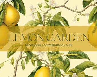 May include: A seamless pattern featuring yellow lemons, white blossoms, and green leaves on a light yellow background. The text "Lemon Garden" and "Seamless | Commercial Use" is displayed on a yellow banner.