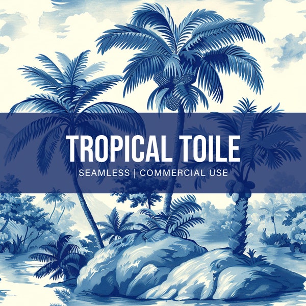 Tropical Toile Seamless Pattern, Commercial Use, French Toile Pattern, Blue Toile Pattern, Scrapbook Paper, Digital Paper, Fabric Pattern