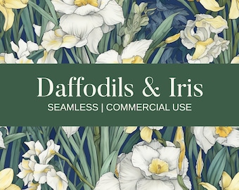 Vintage Daffodil and Iris Pattern, Commercial Use, Seamless Pattern, Daffodil Pattern, Iris Pattern, Spring Flower Pattern, Digital Paper