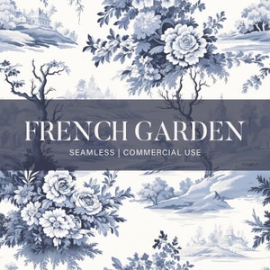 French garden toile seamless pattern, commercial use, french toile pattern, blue toile pattern, scrapbook paper, card making, fabric pattern