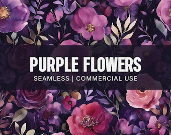 Watercolor Floral Seamless Pattern, Dark Purple Teal Repeating Pattern, Wildflowers and Roses Digital Paper, Violet Plum Background