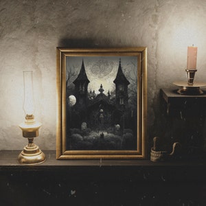 Póster de casa espeluznante, impresión de castillo encantado, arte mural de Halloween, arte mural gótico, decoración de pared gótica, impresión de Dark Academia