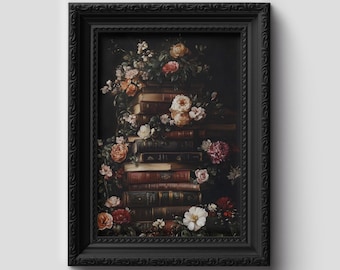 Vintage Books with Flowers, Dark Cottagecore, Dark Academia Print, Gothic Wall Art, Book Lover Gift, Victorian Book Art, Vintage Book Print