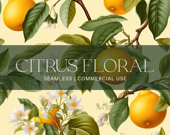 Citrus Floral Seamless Pattern, Commercial Use, Lemon Pattern, Digital Paper, Scrapbook Paper, Instant Download, Vintage Pattern