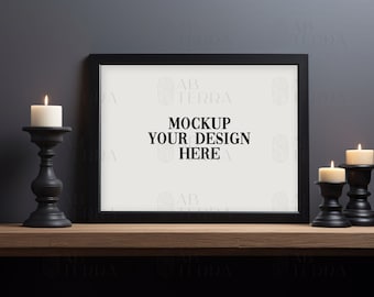 Black horizontal frame mockup, landscape frame mockup, gothic frame mockup, halloween frame mockup, poster frame mockup, wall art mockup