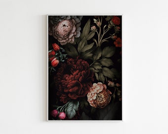 Arte mural floral oscuro, arte botánico melancólico, estampado floral melancólico, póster botánico, decoración del hogar, arte mural, cottagecore oscuro, arte mural floral