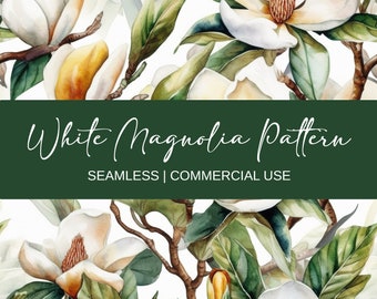 May include: Seamless pattern featuring white magnolia flowers with green leaves on a white background. The text "White Magnolia Pattern" and "Seamless | Commercial Use" is displayed on a green banner.