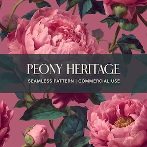 Puede incluir: Patrón sin costuras con grandes flores de peonías rosas, hojas y tallos verdes oscuros sobre un fondo malva. El texto "PEONY HERITAGE" y "SEAMLESS PATTERN | COMMERCIAL USE" se muestra en una pancarta gris oscuro.