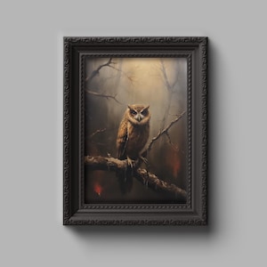Vintage owl painting poster, owl digital print, printable poster, dark academia print, vintage wall art, owl wall art, dark cottagecore