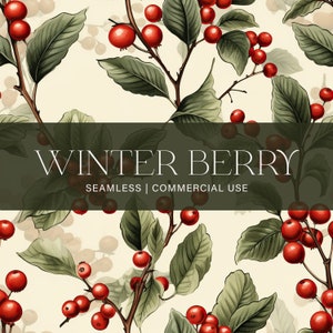 Winter Red Berry Seamless Pattern, Commercial Use, Scrapbook Paper, Digital Paper, Christmas Pattern, Winter Pattern, Seamless Pattern