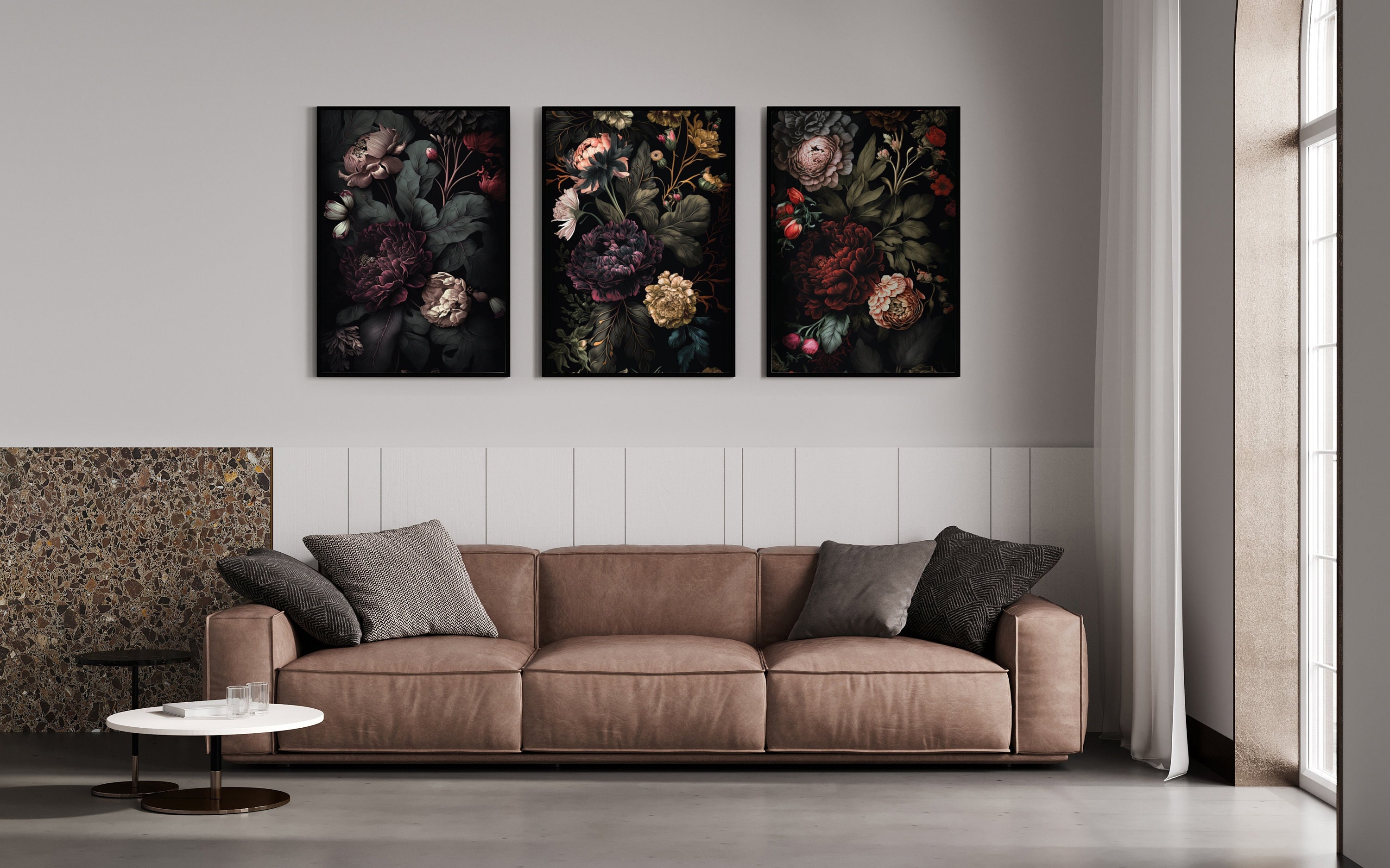 Dark Floral Wall Art Set, Moody Floral Art Gallery, Set of 3 Dark ...
