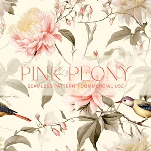 Motivo senza soluzione di continuità con peonia rosa e uccello, uso commerciale, motivo floreale rosa, motivo floreale, download immediato, carta digitale, carta per scrapbooking