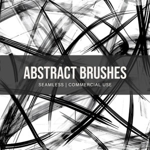Op de afbeelding: Abstracte penseelstreken in zwart en wit, die een naadloos patroon creëren. De tekst "ABSTRACT BRUSHES" en "SEAMLESS | COMMERCIAL USE" wordt weergegeven op een zwarte balk.