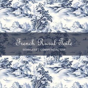 Op de afbeelding: Een naadloos patroon met een blauw en wit toile-ontwerp met een Frans landelijk thema. Het patroon bevat bomen, huizen en een rivier. De tekst "French Rural Toile" en "Seamless | Commercial Use" wordt onderaan de afbeelding weergegeven.