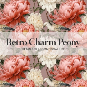 Puede incluir: Un patrón sin costuras que presenta peonías rosas y blancas con hojas verdes y un pájaro blanco con un pico negro. El texto "Retro Charm Peony" se muestra en una pancarta blanca con las palabras "Seamless | Commercial Use" debajo.