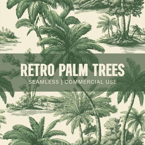 以下が含まれることがあります： クリーム色の背景に、緑色のヤシの木のヴィンテージイラストが描かれたシームレスパターン。テキスト「RETRO PALM TREES」は太字で表示され、その下に「SEAMLESS | COMMERCIAL USE」と表示されています。