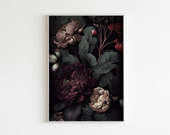 Arte floral oscuro para pared, arte floral melancólico, estampado botánico oscuro, arte botánico oscuro, estampado botánico, cottagecore oscuro, decoración del hogar