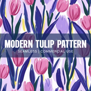 May include: A seamless pattern featuring pink and purple tulips with blue and green leaves on a white background. The text "MODERN TULIP PATTERN" and "SEAMLESS | COMMERCIAL USE" is displayed on a dark blue banner.