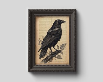 Dark Academia Raven, Raven on an old book page Print, Raven Print,  Dark Academia Art, Gothic Raven Art, Gothic Poster, Wall Decor, Wall Art
