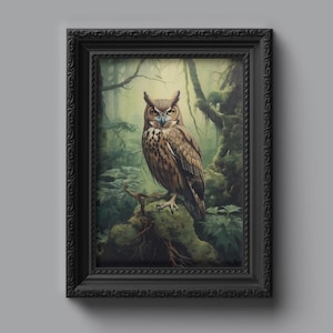 Owl in a Green Forest Print, Dark Cottagecore Print, Moody Owl Art, Owl Poster, Dark Aesthetic Art, Woodland Art, Digital Download