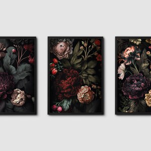 Dark Floral Wall Art Set, Moody Floral Art Gallery, Set of 3 Dark ...
