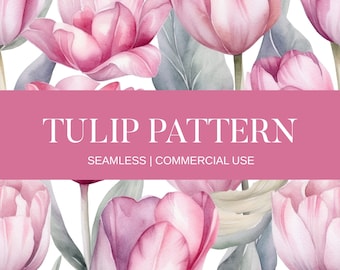 May include: A seamless pattern featuring pink watercolour tulips with green leaves. The text "TULIP PATTERN" and "SEAMLESS | COMMERCIAL USE" is displayed on a pink banner.
