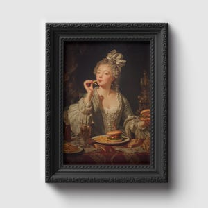 May include: A painting of a woman in a white dress sitting at a table with a hamburger and chips. The woman is holding a chip in her hand and is looking at the viewer. The painting is framed in a black frame.