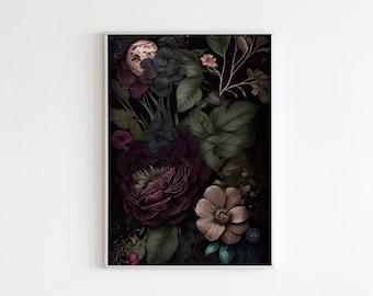 Dark Floral Wall Art, Dark Botanical Print, Moody Floral Print, Dark Academia Decor, Wall Art, Wall Decor, Home Decor, Vintage Floral Art