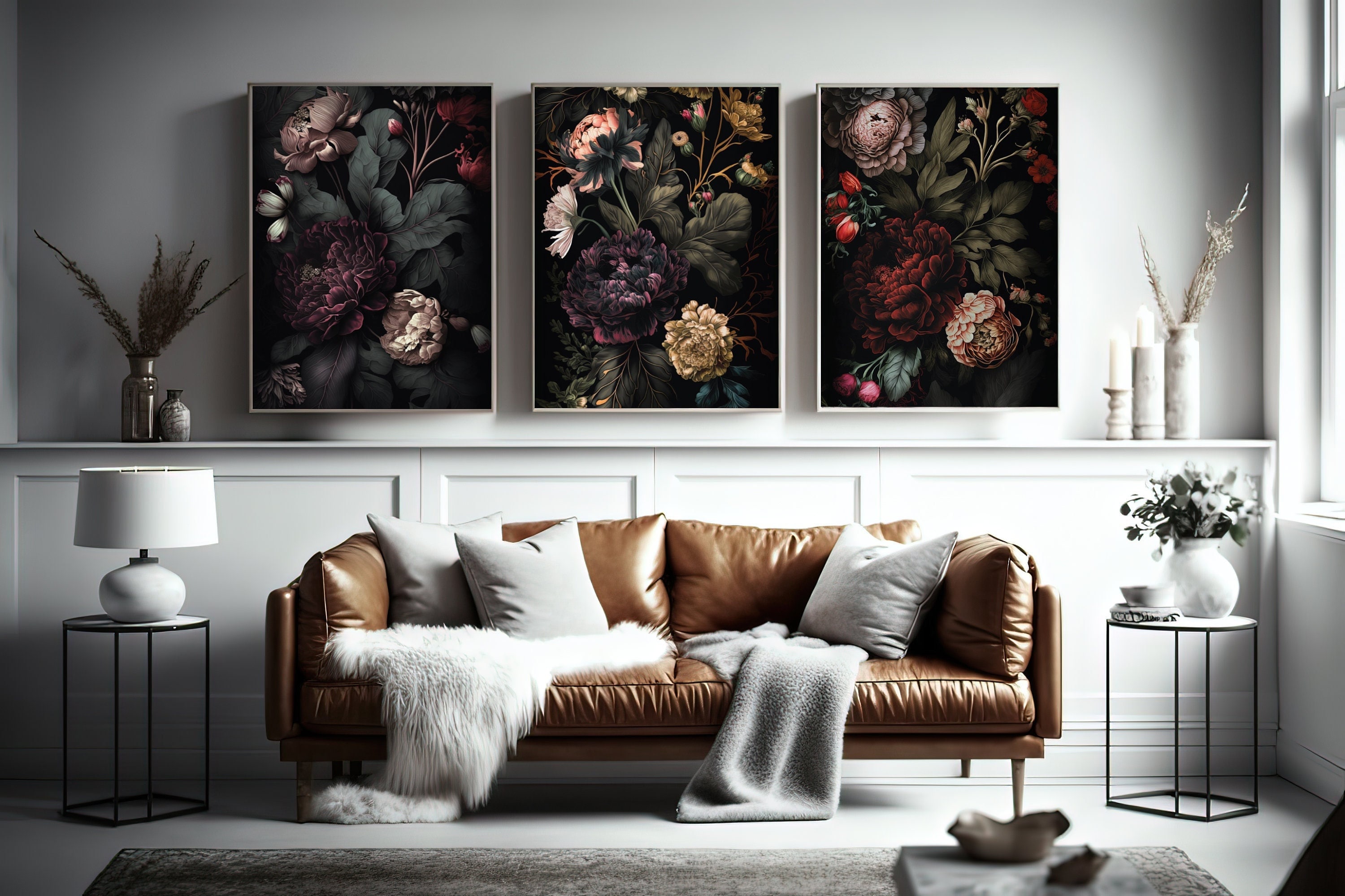 Dark Floral Wall Art Set, Moody Floral Art Gallery, Set of 3 Dark ...