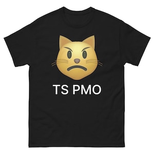 May include: Black t-shirt with a yellow cat emoji with an angry expression and the text "TS PMO" in white.