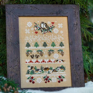 May include: A framed cross-stitch featuring a winter scene with birds, trees, and a squirrel. The embroidery uses white, green, red, and brown thread on a tan background. The frame is made of dark brown, rustic wood.