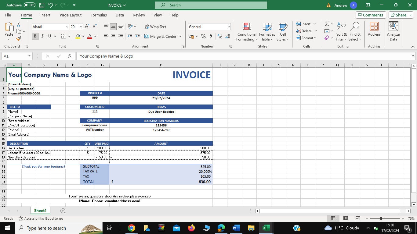 Editable Excel Invoice Template - Etsy
