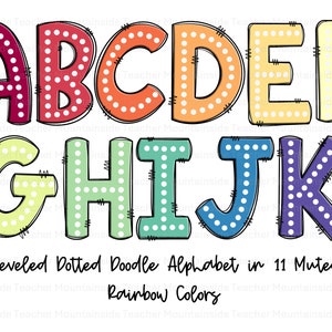 May include: A colorful alphabet with a dotted design. The letters are outlined in black and have a beveled effect. The letters are in a rainbow color scheme. The text "Beveled Dotted Doodle Alphabet in 11 Muted Rainbow Colors" is below the letters.