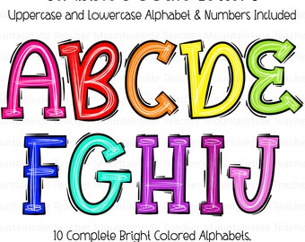 May include: Scribble Doodle Letters: Uppercase and lowercase alphabet and numbers included. 10 complete bright coloured alphabets. Available alphabets in each pattern shown above.
