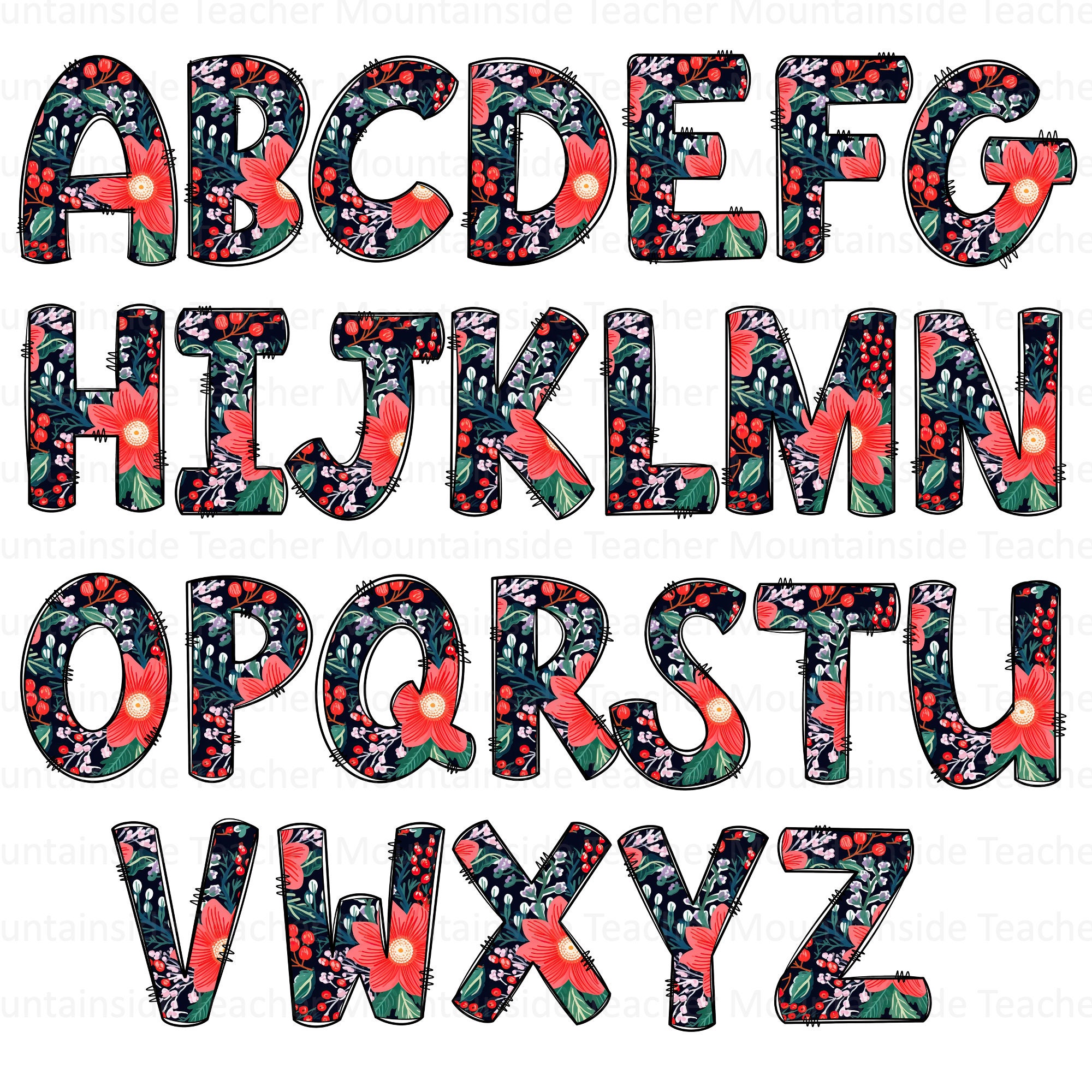 Floral Doodle Letters, PNG Alphabet Clipart (digital Download) - Etsy