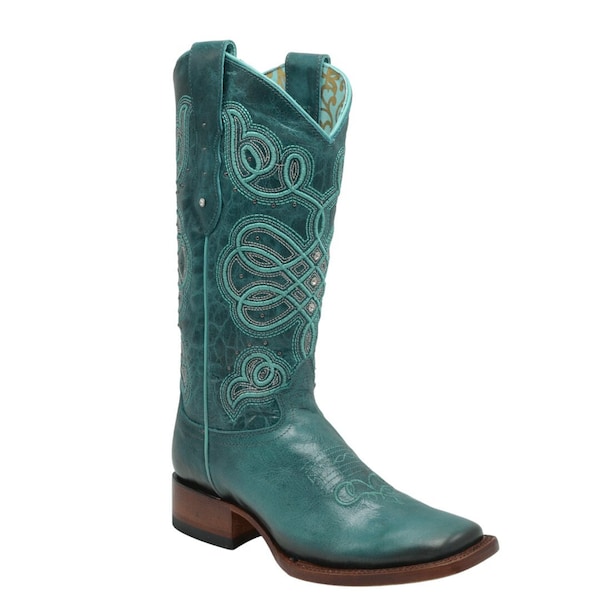 RC Liz Turquoise Women's Cowgirl Western Boot, Cowboy Square Toe Premium Leather