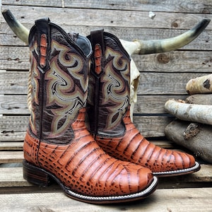 BD704 Cognac Men&#39;s Western Boots: Square Toe Cowboy & Rodeo Boots in Caiman Print