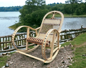 Sedia a dondolo per esterni rustica in vimini intrecciata a mano, perfetta per rilassarsi nel tuo giardino, vibrazioni costiere, sedia da giardino, sedile artigianale