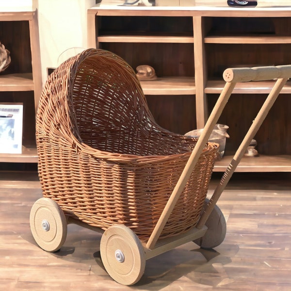 Wicker Stroller Carriage Baby Doll Pram - Vintage Style Ecofriendly Toy for Girls, Montessori-Inspired Gift