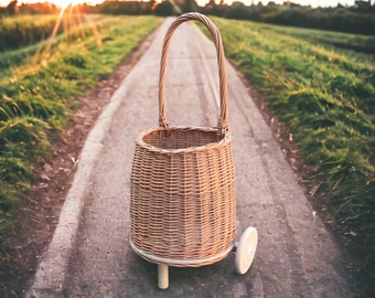 Carro de mimbre grande hecho a mano, cesta, carro de tracción, compras de sauce para niños pequeños