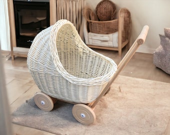 Wicker Baby Carriage Doll Stroller Pram - Vintage Style Ecofriendly Toy for Girls, Montessori-Inspired Gift