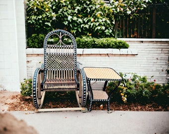 Black Wicker Rocking Chair Lounge Rattan Willow Living Room Black with a table on your choice