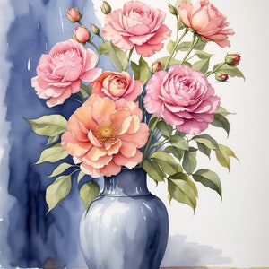 Watercolour painting of flowers vase for digital printing