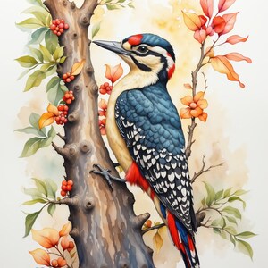 Watercolour painting of the woodpecker, digital print, bird.